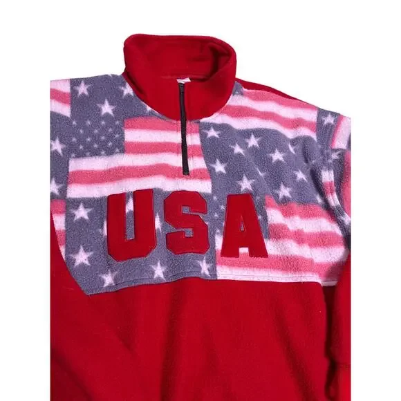 Vintage USA Fleece Quarter Zip Mens Large Embroidered Logo Pullover Patriotic - Picture 2 of 7